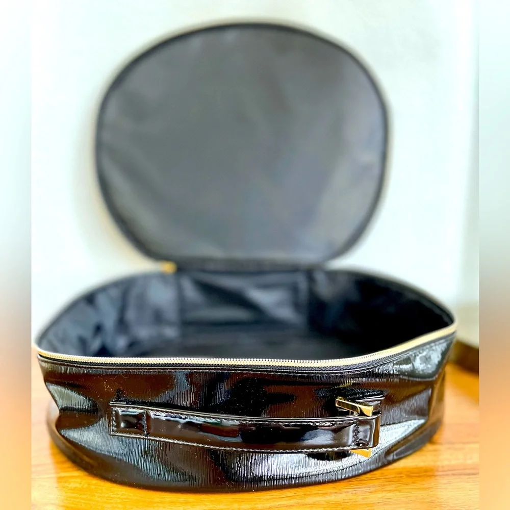 Lancome Large Round Black Patent Leather-Look Makeup Case Travel Bag NWOT